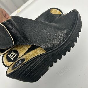 Fly London Black Textured Platform Wedge Sandals